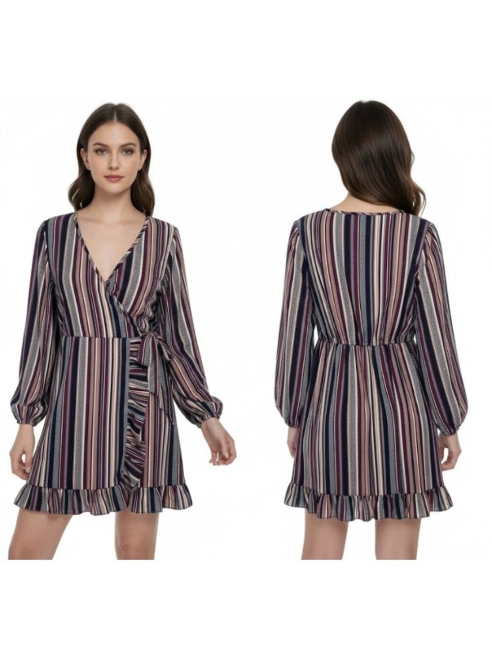 ⭐Women's Size M Multi-Color Striped Boho V-Neck Long Sleeve Ruffle Detail Dress⭐